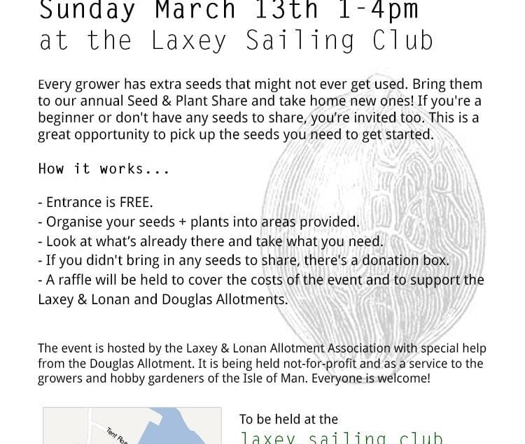 Seed and Plant Share + Gardeners Social. Sunday, March 13th 2016, Laxey Sailing Club