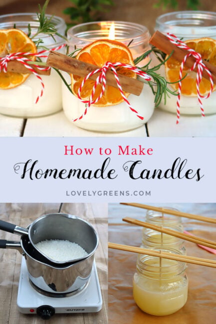 How to make homemade candles in Mason jars using natural wax, fragrance, and festive decorations #candlemaking #homemadecandles