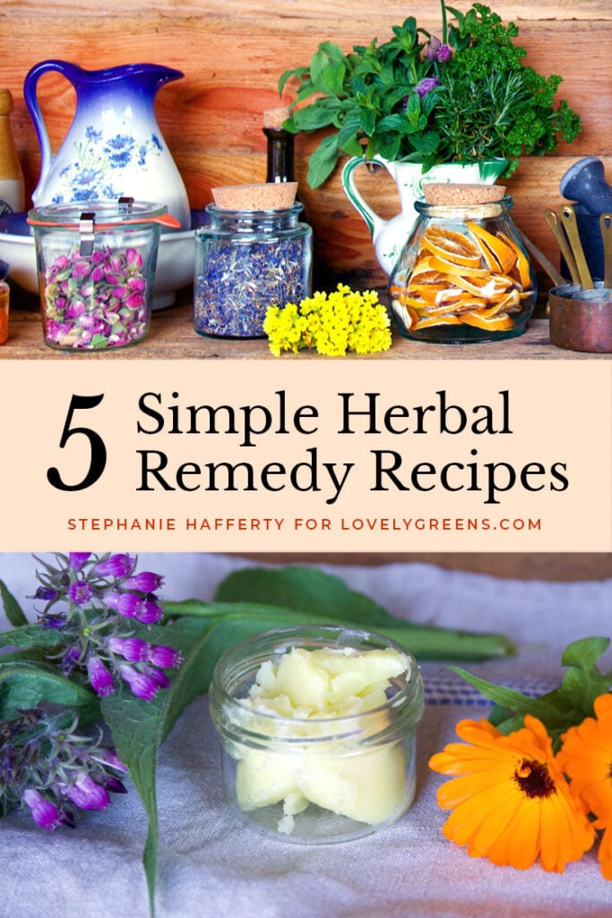 A collection of simple herbal remedies that you can make with plants from the garden. Each is completely natural and useful for treating minor cuts, bruises, and burns #herbalmedicine #homesteading #naturalremedies