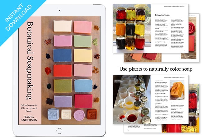 Botanical Soapmaking is an 119 page ebook. This image shows the cover on an iPad screen with pages from the ebook displayed to the right.