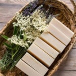 Elderflower & Lavender Soap Recipe: Natural cold-process soap recipe and instructions featuring elderflower infusion, rich cocoa butter, and a lavender and herb essential oil blend #soaprecipe #soapmaking #elderflowers