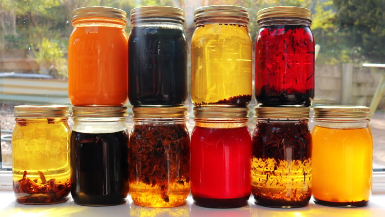 Ten jars of brightly colored infused oils made with soap dye plants.