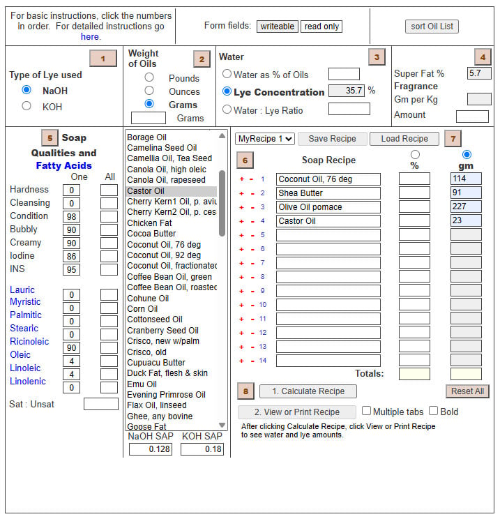 Soap calculator interface loading with the ingredients and information for Lovely Greens' eco-friendly soap recipe.