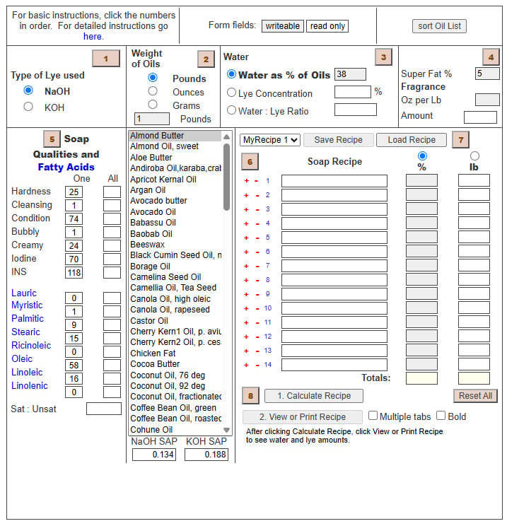 The dashboard of a free online soap calculator. It's a basic text and line-art design with fields for lye, water, oils, and fatty acid qualities.