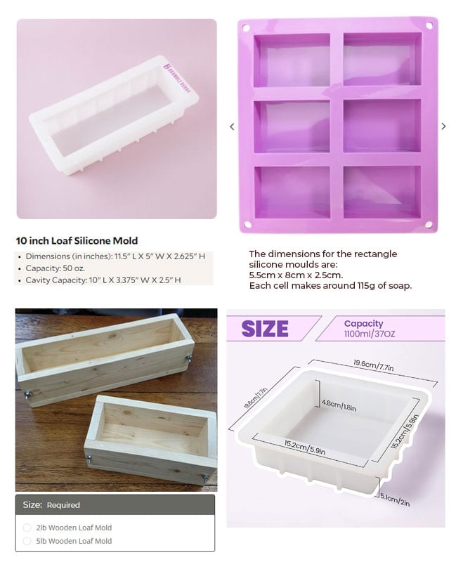Four different soap molds found for sale on the internet with varying descriptions for their capacity.